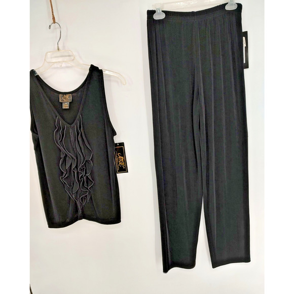 A Touch Of Class Woman NEW Black Knit Pant Set Pants S/M Top XS/S Stretch Slinky - Picture 1 of 7